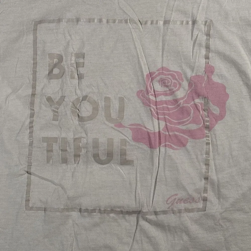 GUESS Be You Tiful White Shirt (Women's Size XL) Pink Rose • Beautiful - Picture 2 of 5